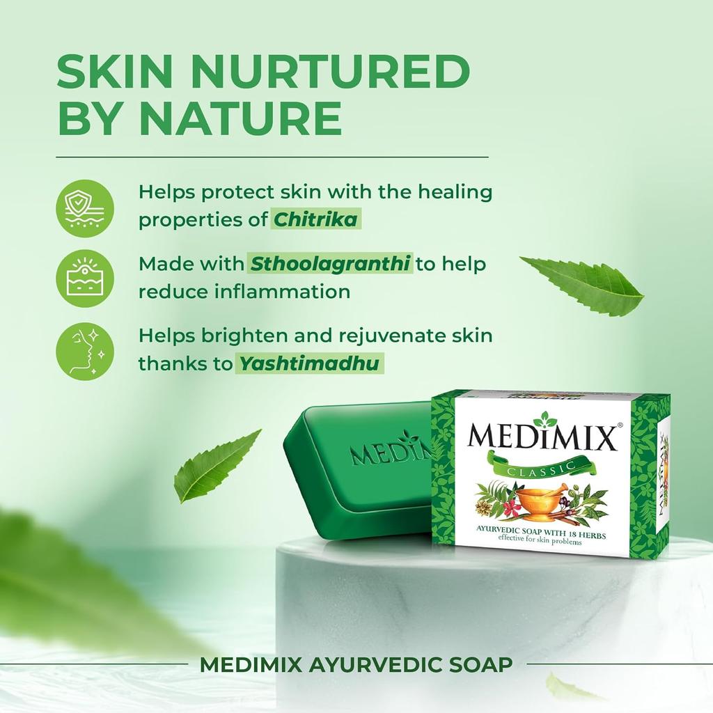 Medimix Classic Ayurvedic Soap 75g | Infused with 18 Natural Herbs for Acne, Skin Smoothening, and Body Odor Relief