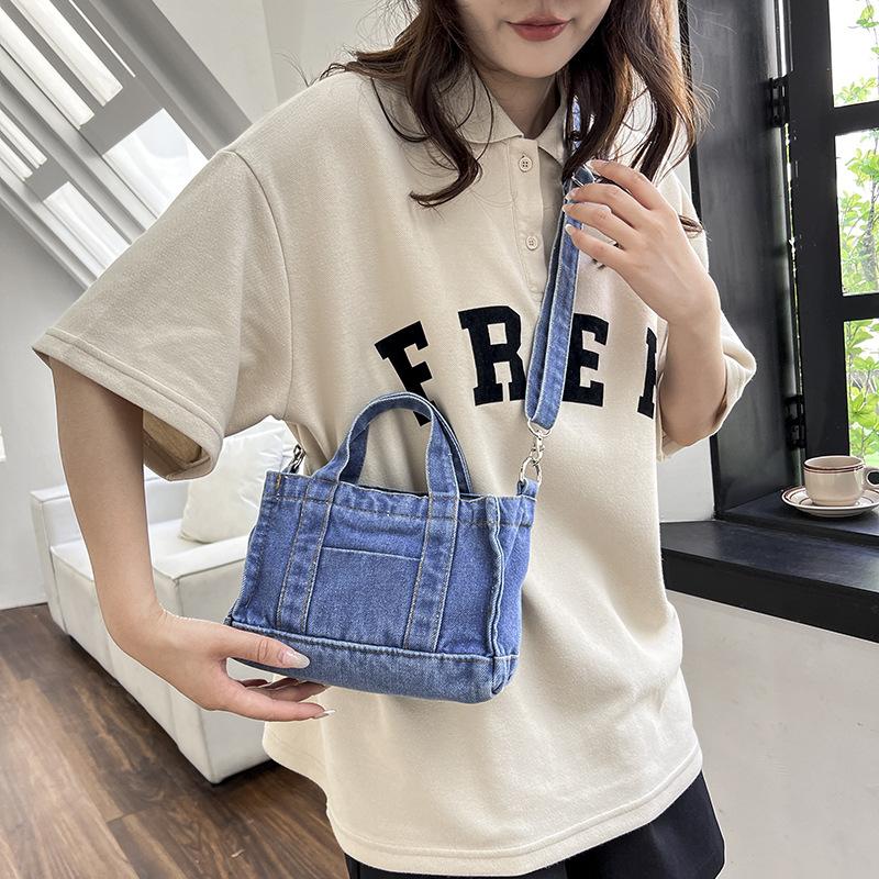 Denim small satchel literary and versatile casual lightweight portable small bucket bag street shoulder messenger small square bag