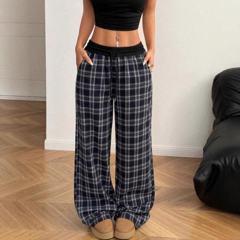 Retro Casual Floor-Length Drapey Wide-Leg Plaid Pants With Elastic Waist Straight-Leg Casual Trousers For Women