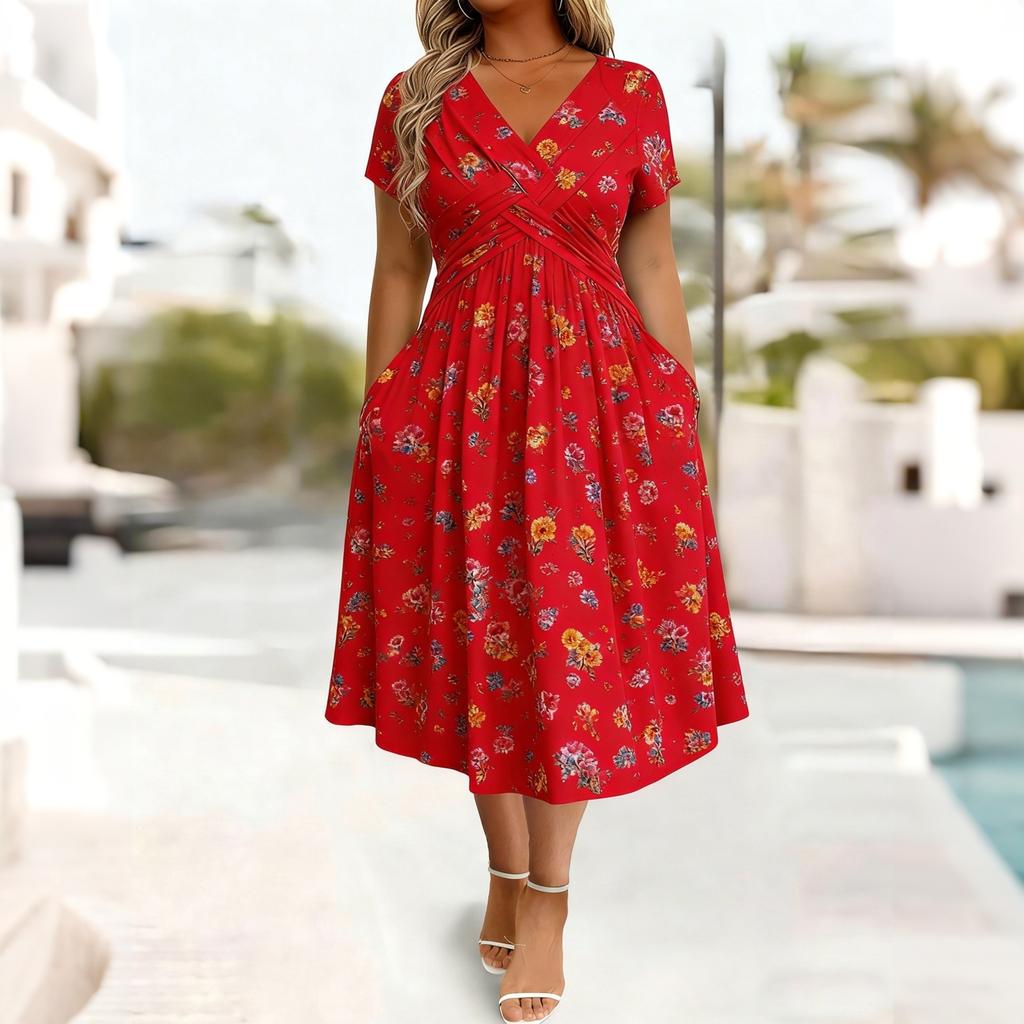 Women’s Short Sleeve V Neck Floral Print Midi Dress with Cross Pleated Waist and A Line for Casual Wear