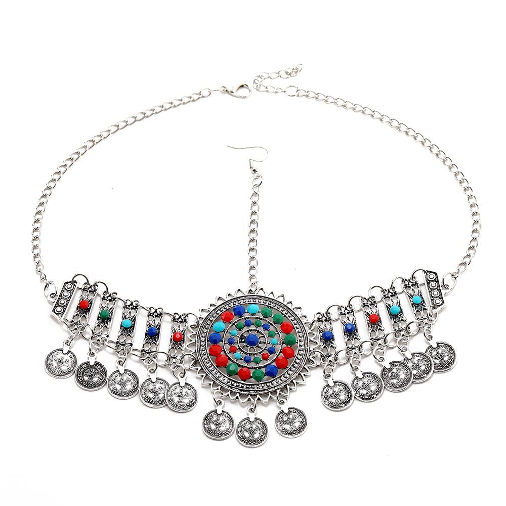 Bohemian Ethnic Indian Head Jewelry Retro Alloy Hollowed Out Colored Acrylic Coin Tassel Head Chain For Women Bridal Headdress