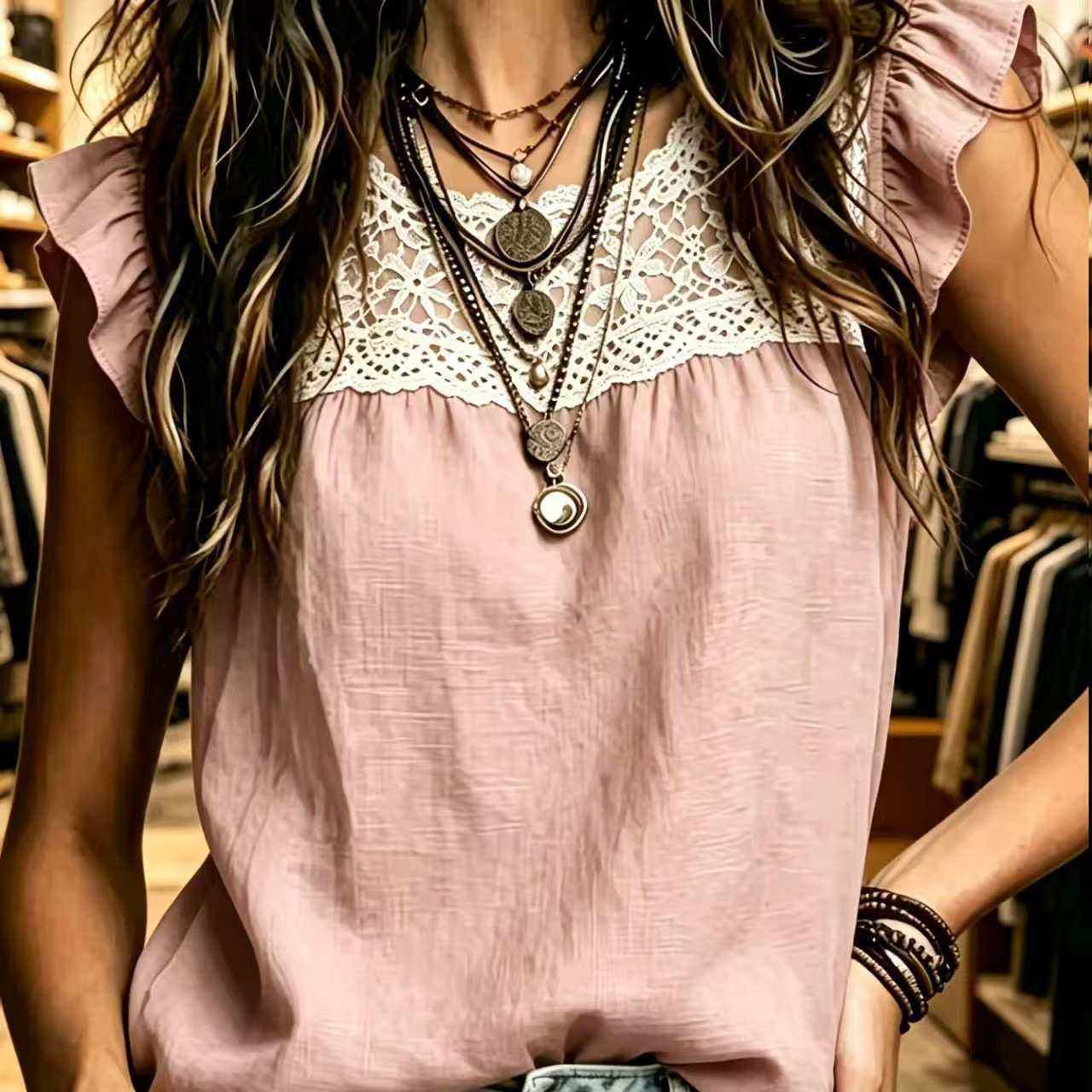 Women s Lace Ruffle Cap Sleeve Blouse S