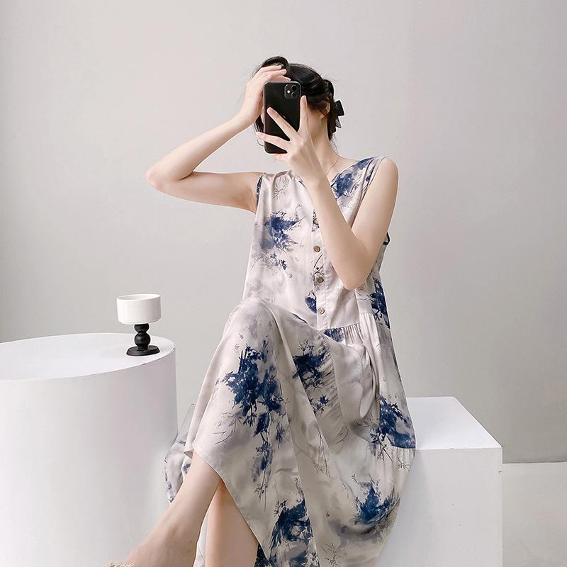 1011 new cotton and silk nightdress fairy style thin large size sweet and cute style long dress loungewear can be worn outside
