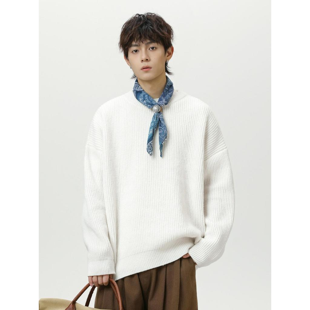 Solid Color Lazy Style Thick Needle Heavy Round Neck Sweater Men's Autumn and Winter Trendy Brand Retro Sweater Loose Casual Jacket