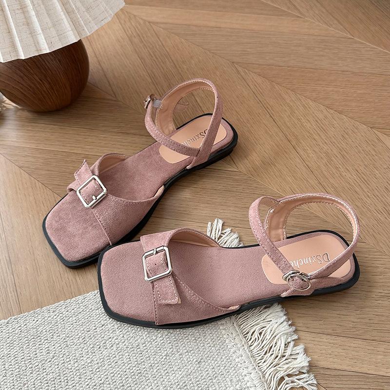 

2025 summer French retro leather one-word belt buckle open-toed square head sandals women s low-heeled burgundy Roman shoes 40 розовый