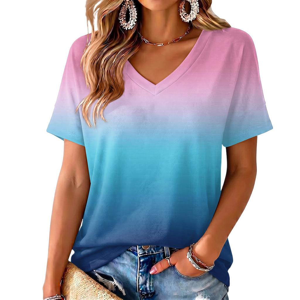 Women's V-Neck Short Sleeve Gradient Print Lightweight Top for Everyday Wear