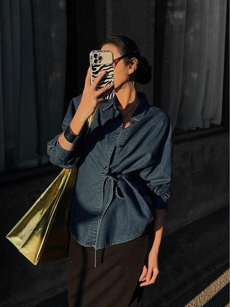 European Women's Lace-Up Denim Jacket - Button Front, Long Sleeve Casual Top