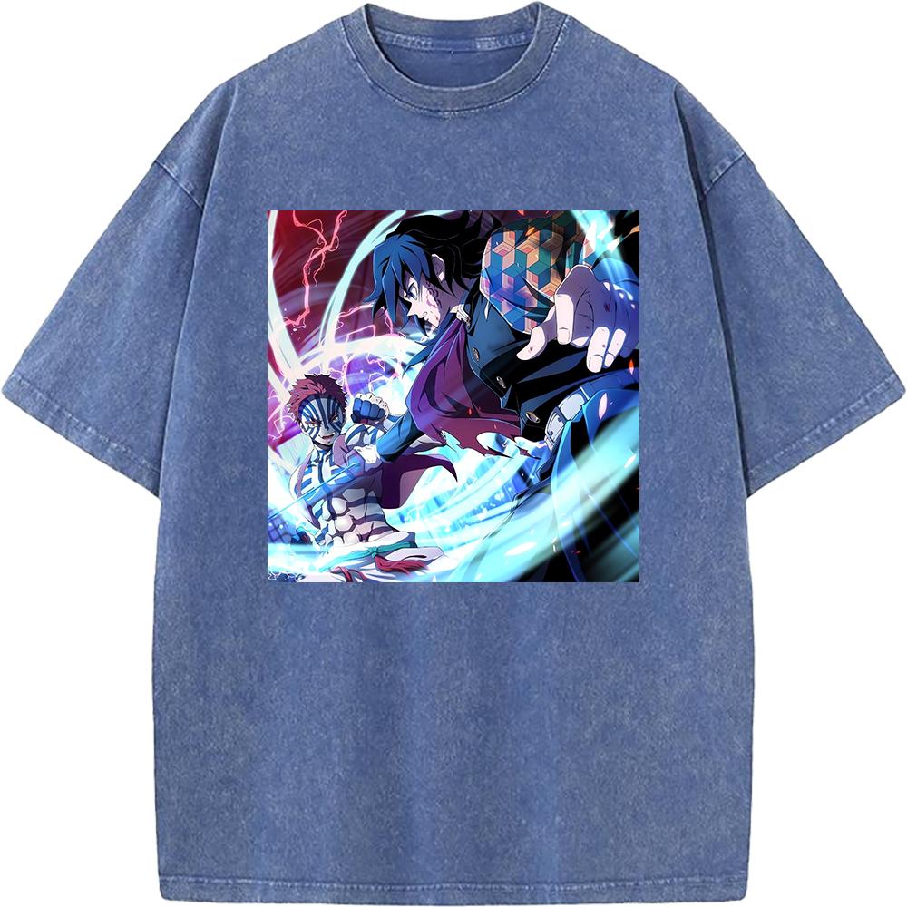 Tomioka Giyuu Akaza Anime Clothing Demon Slayer Cotton Tee Men Women Retro Washed T-shirts Casual T Shirt Harajuku Male Tshirt