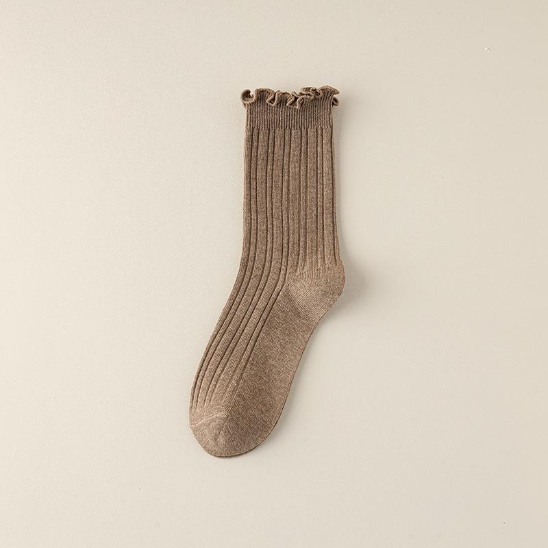 Boneless Socks, Women's Summer Breathable Cotton Socks, Solid Color Mid-calf Socks, Black Fungus Lace, Spring and Autumn Pile Socks