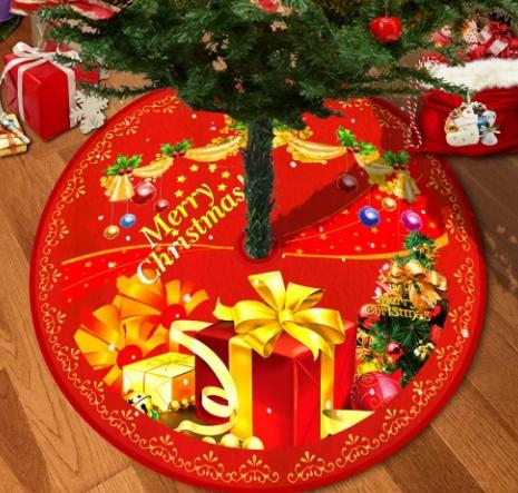 Christmas Tree Skirt with Gift Box and Ornament Print Holiday Decoration Round Mat for Home Office Party Use