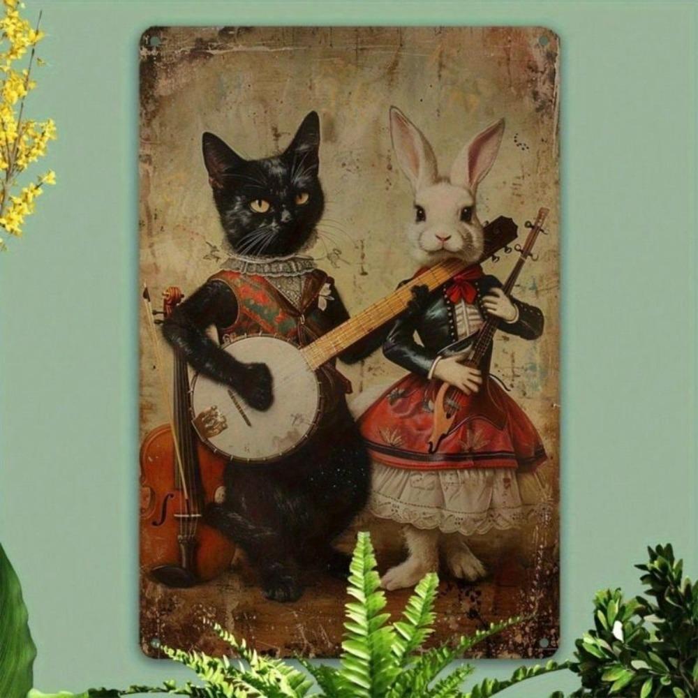 Vintage Rabbit and Cat Musicians Metal Wall Poster, Coffee Shop Decor