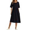 Women's Solid Color Loose Waist Mid Length Dress Cotton Linen Round Neck Dress