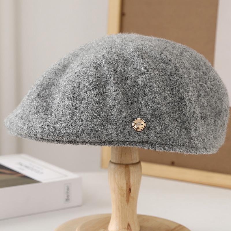 Autumn and Winter Literary and Artistic Versatility, Big Head Circumference Shows the Face, Small Clouds, Wool, Solid Color Peaked Cap, Octagonal Hat