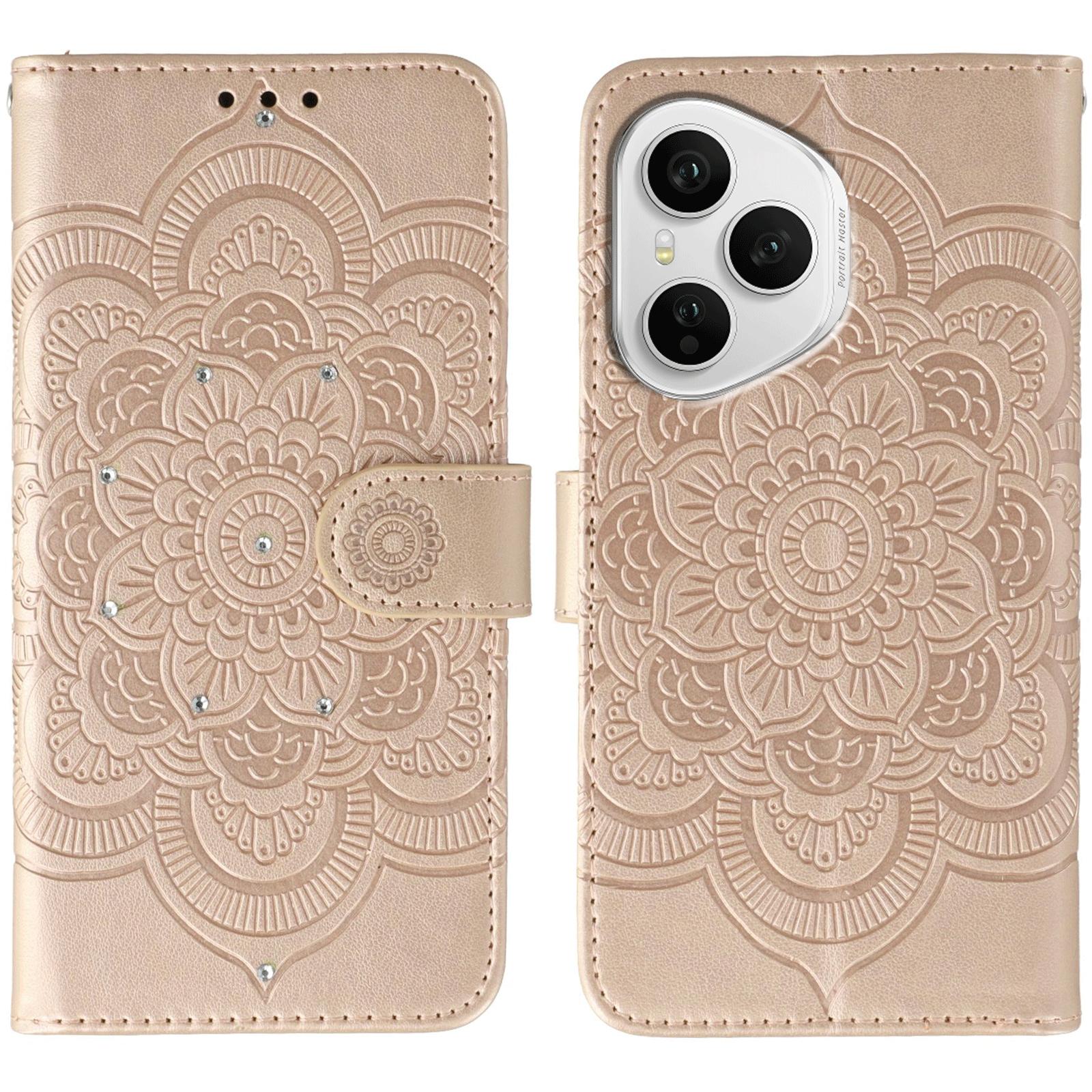 

Для Honor 400 Pro 5G (Глобальный) Чехол с отделкой стразами, из ПУ кожи, с тисненым дизайном мандалы, чехол для телефона с ремешком на запястье Rose Gold