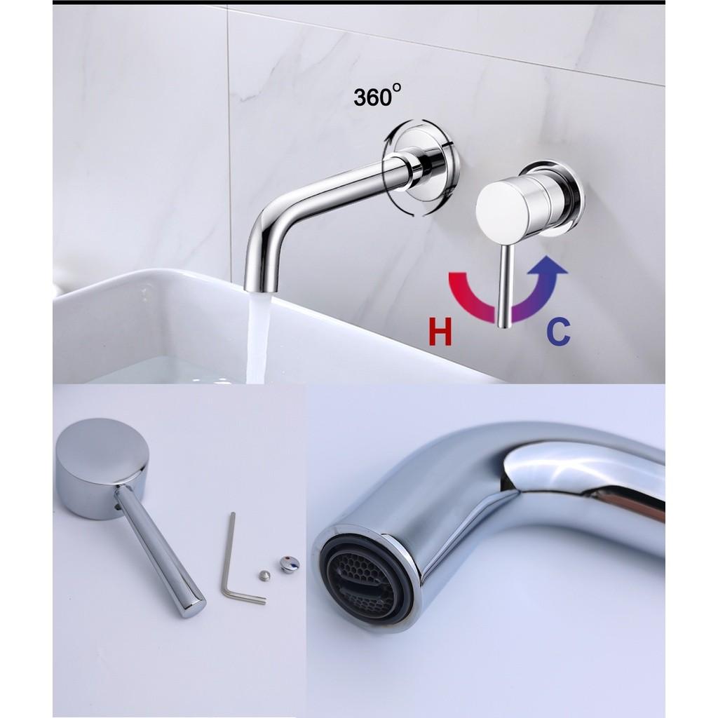 Concealed Basin Faucet Wall Mounted Hot and Cold Mixer Solid Brass 360 Swivel Spout Bathroom Water Tap