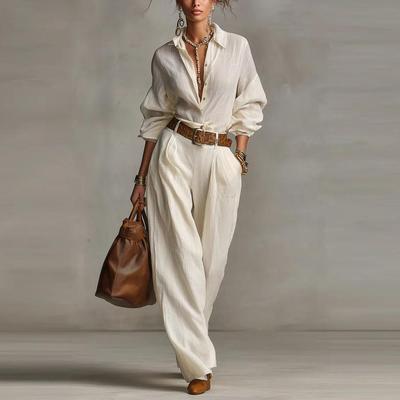 Women's Solid Color Long Sleeve Button Shirt & Pocketed Pants Set - 2025 Fashion