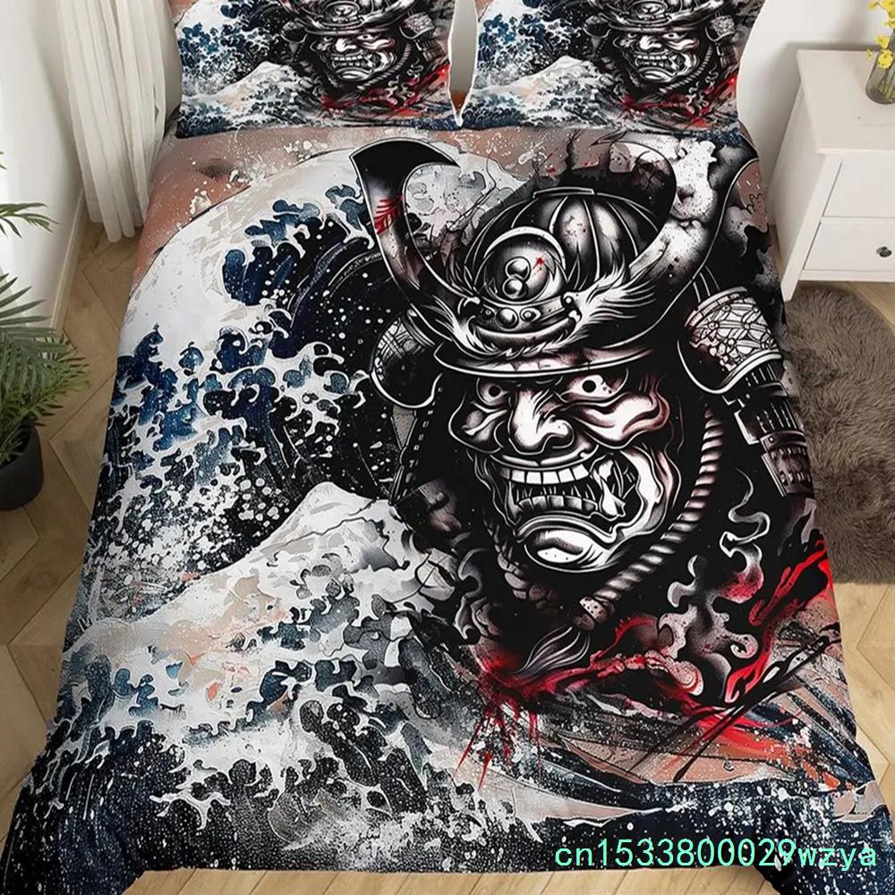 Japanese Samurai Bedding Set Full Size Cherry Blossoms Comforter Cover Red Sun Hokusai Duvet Cover Fuji Mountain Quilt Cover