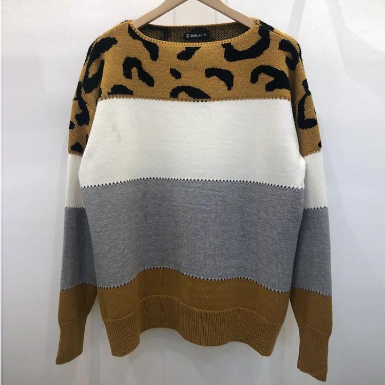 Women's Casual Round Neck Leopard Print Knitted Sweater Long Sleeved Pullover Warm Autumn Winter Fashion