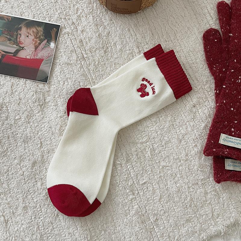 Year Of The Horse Red Socks Mid-Leg Socks Season Thickened Warm Embroidered Pony 26 New Year'S Stockings