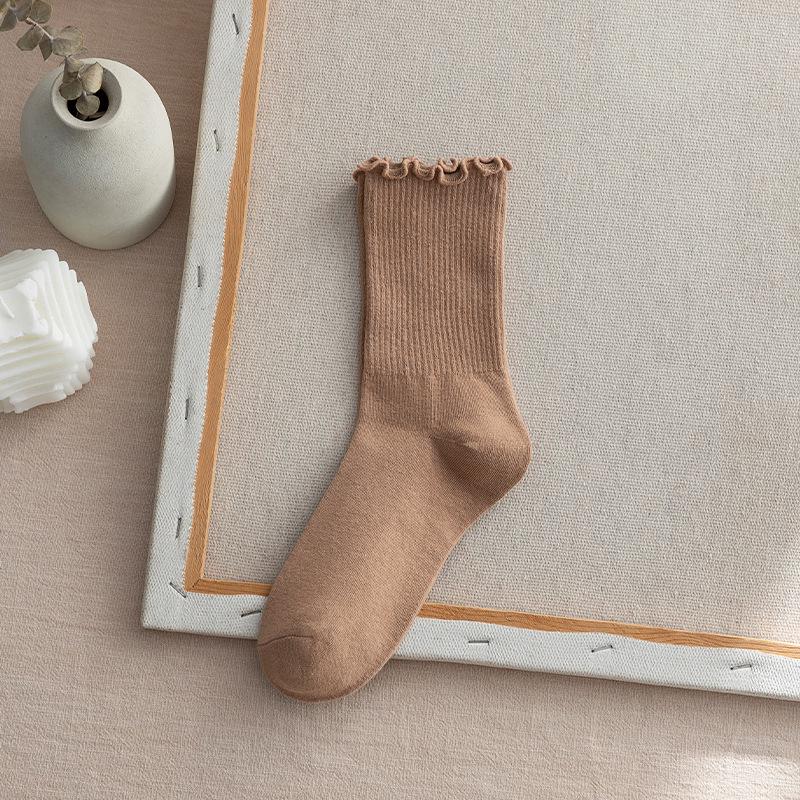 Women's Pure Cotton Ruffled Edge Mid-Tube Socks - Black Lace, Japanese Style for All Seasons