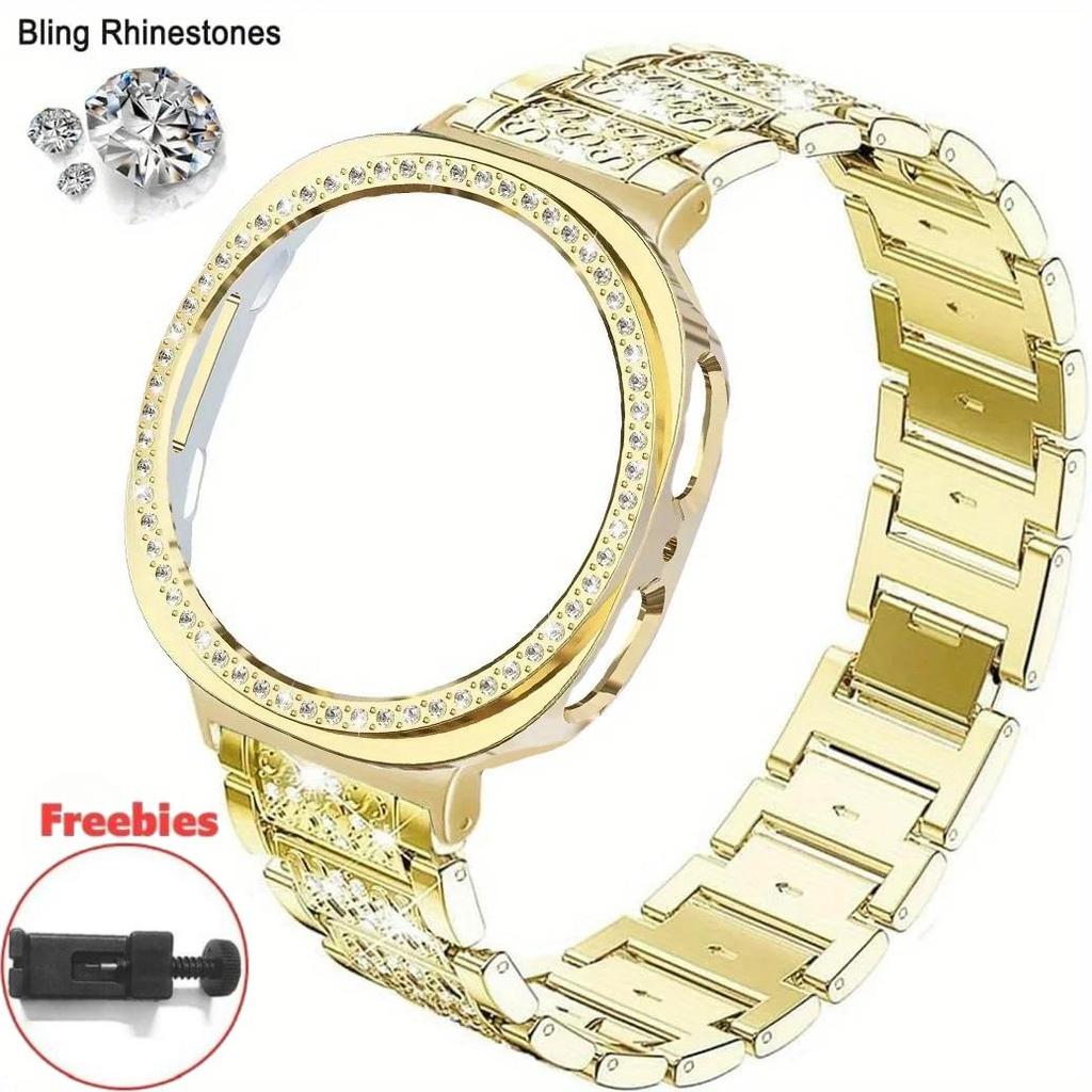 Bracelet de Montre en Métal Bling Diamant Strass + Étui de Protection en PC Pour Samsung Galaxy Watch 8 44mm 40mm Montre Business Bracelet Galaxy Watch 8