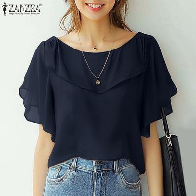 Women Casual Round Neck Ruffle Short Sleeve Thin Blouses