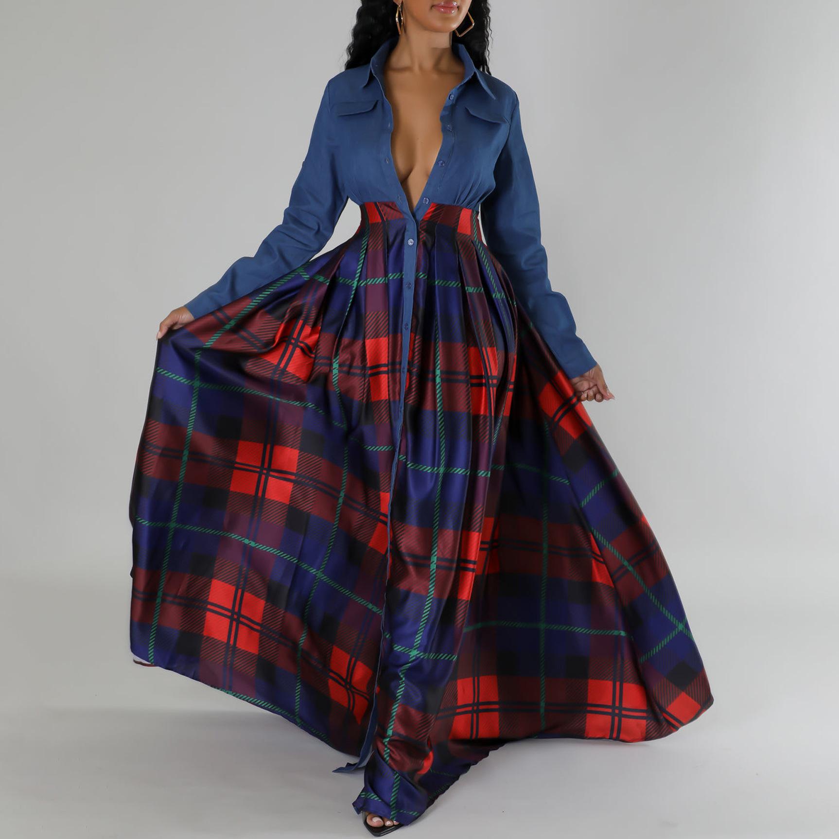 

YYFS Женская мода весна осень клетчатый принт длинный рукав поло воротник высокая талия повседневные платья L