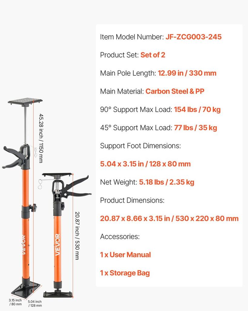 Cabinet Jack Support Pole, 2-Pack, 54-155 cm Steel Telescopic Quick Support Rod, Adjustable 3rd Hand System up to 70 kg Capacity for Installing