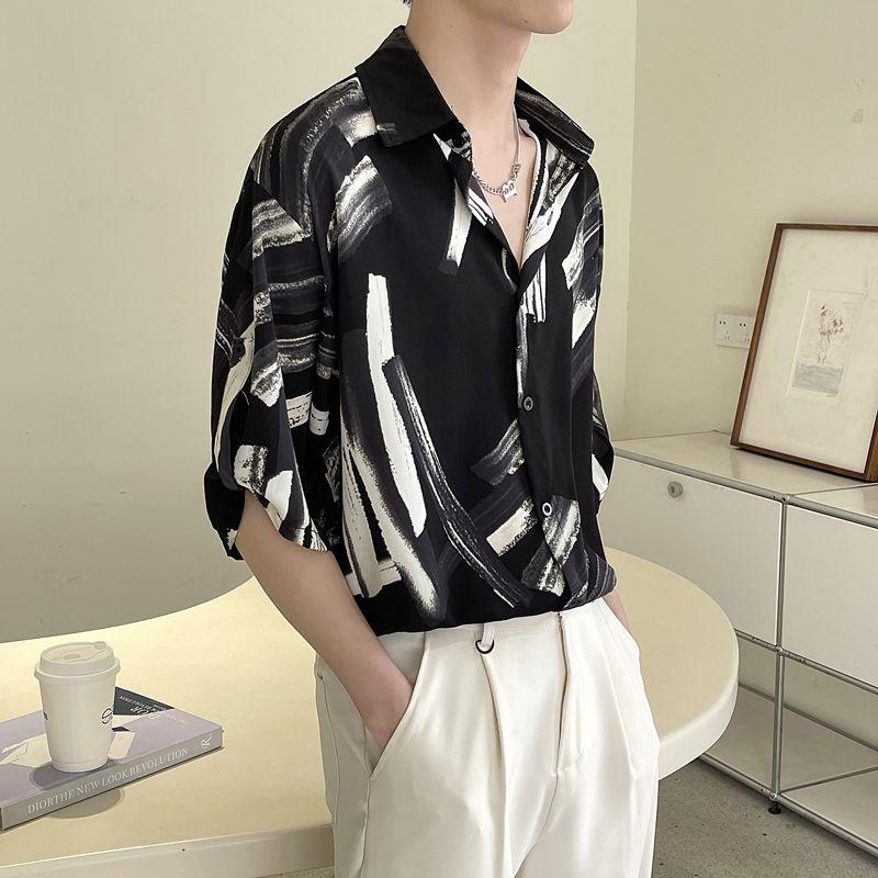 New Summer Haute Couture Lapel Print Korean Version Ruffled and Handsome Loose Casual Oversize Medium Sleeved Floral Shirt