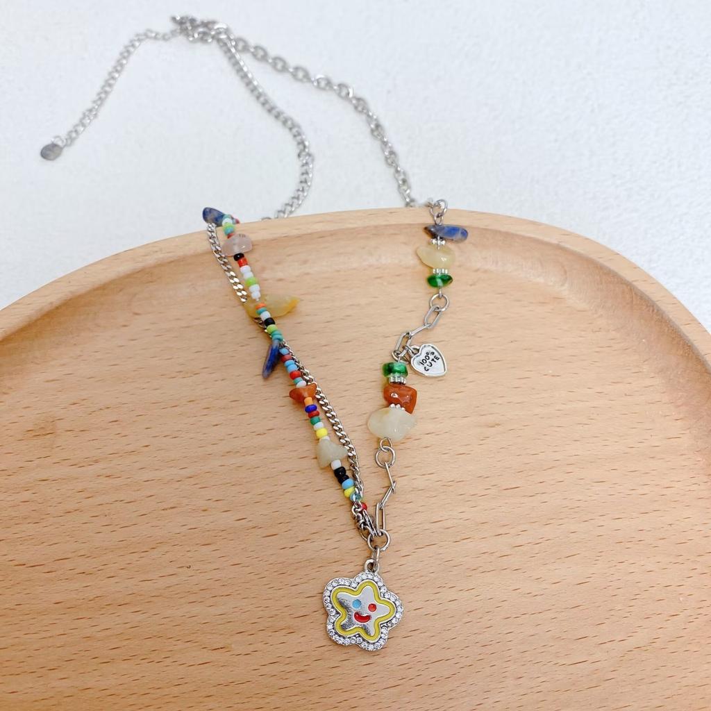Color Beaded Love Flower Zircon Necklace Female Sweet Cool Hot Girl Wind Collarbone Chain Niche Design Accessories