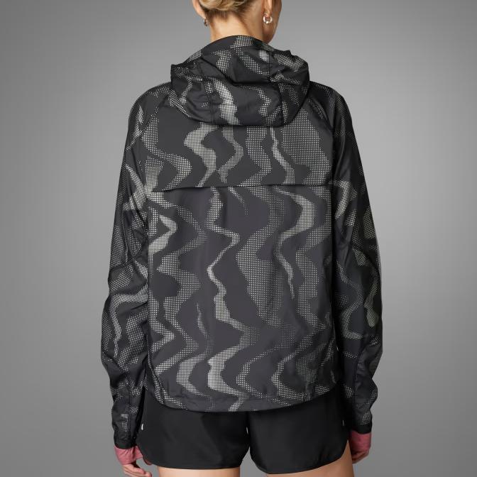 adidas Wind.Rdy Full Zip Hooded Jacket, Women Logo Print Long Sleeve Windproof Sports Outerwear Black Reflective Silver IT3445