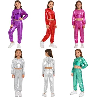 Mädchen Langarm-Hoodie mit asymmetrischem Saum, Metallic-Schnitt, Hip-Hop-Jazz-Set, Spaghettiträger-Top und glänzender Hose