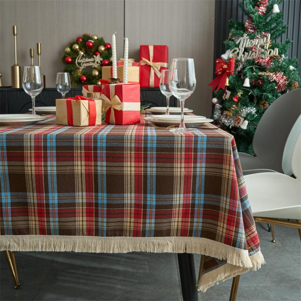 Vintage Red Green Checkered Tablecloth Christmas Plaid Square Table Cover with Fringe for Party Dining Decor