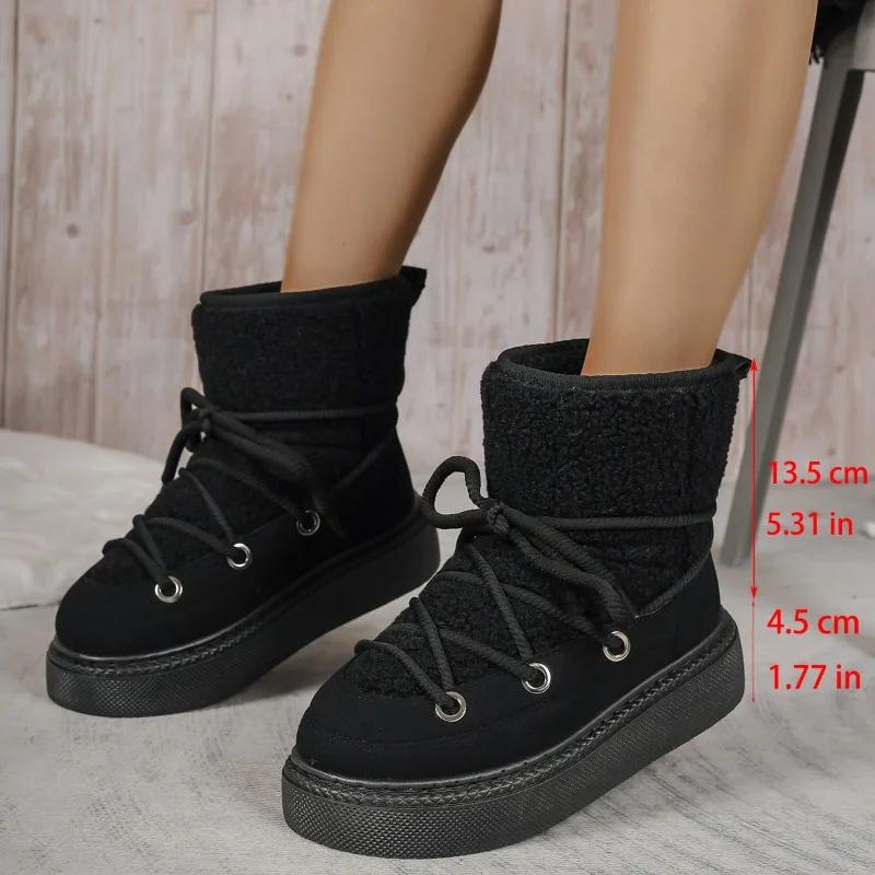 Fashion Fashion Lace Up Design Platform Womens Snow Boots Winter Faux Fur Flats Wool Warm Cotton Shoe Anti-slip Short Boot Botas