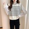 Tangshi Women's Round Neck Striped Faux Two-Piece Pullover Sweater