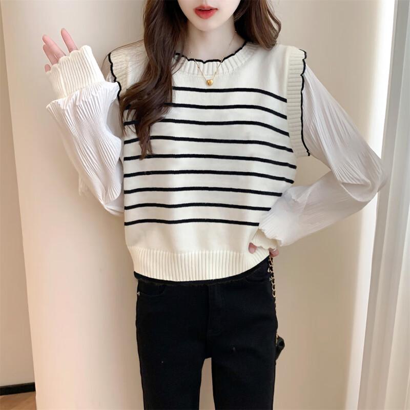 Tangshi Women's Round Neck Striped Faux Two-Piece Pullover Sweater