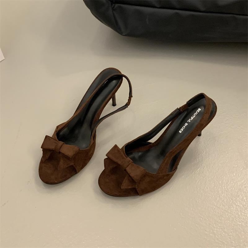 

2025 new open-toed suede bow with sandals for women s summer sexy versatile temperament stiletto high heels for women 40 светло-коричневого