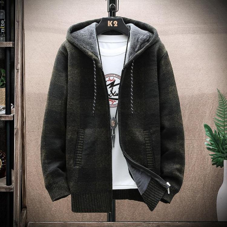 Caldo Maglione Invernale da Uomo con Cappuccio in Pile Cardigan a Maglia Giacca a Quadri Cappotto