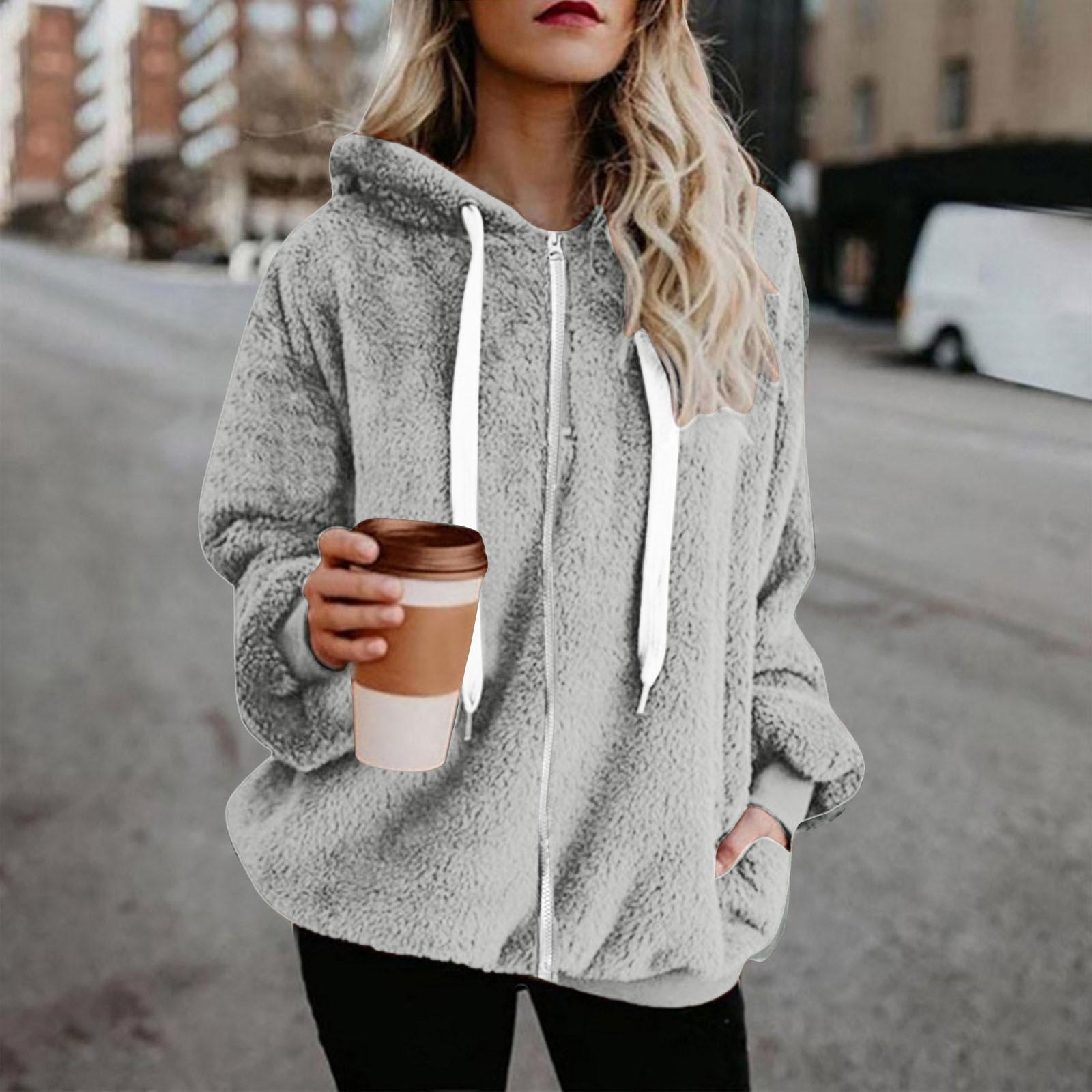 

Women s Solid Color Coat Double Faced Velvet Hooded Zipper Coat With Pockets S