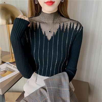 Moda pe jumătate guler înalt pulover sexy cu diamante cu ochiuri îmbinate Topuri tricotate toamnă și iarnă femei cu mânecă lungă pulover slim fit 29042