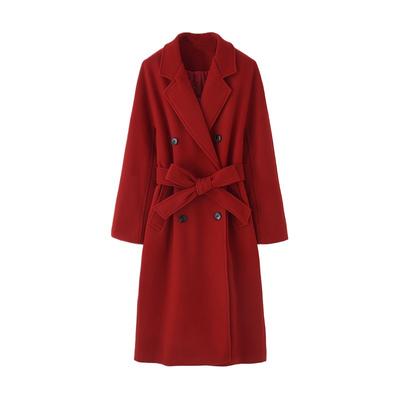 Suit Collar Red Coat for Women's New Winter Straps Long Woolen Jacket