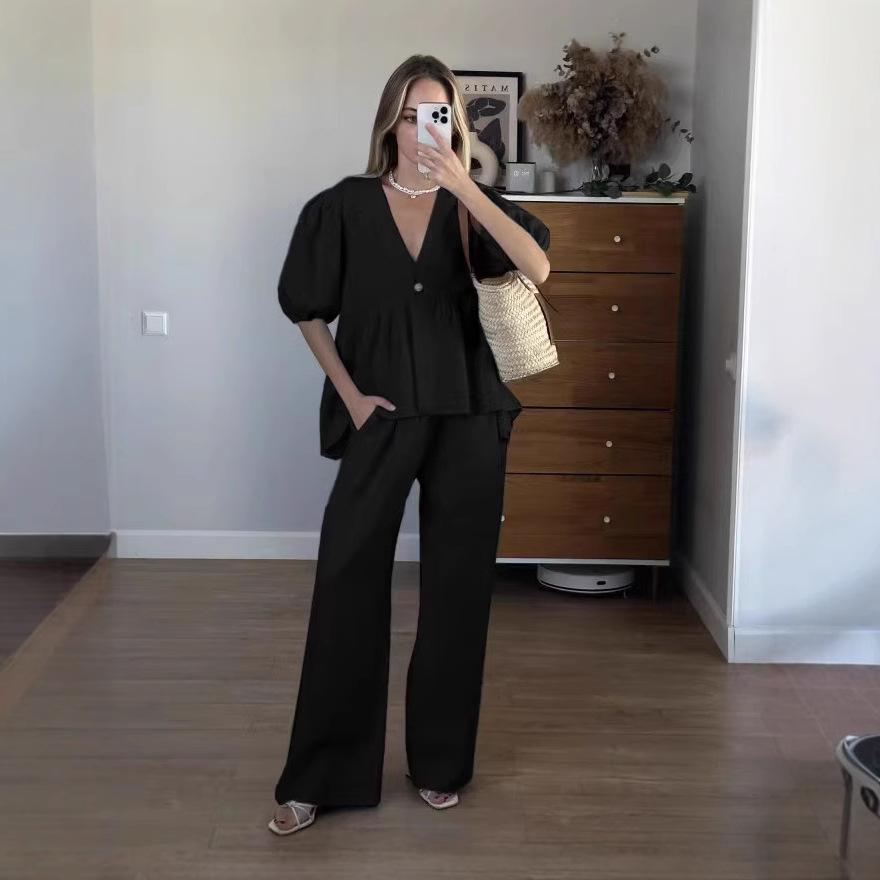 

Mumaroho Жіночий Весняно-Літній Святковий Штаний Костюм Бавовняні Однотонні Вбрання V-подібний виріз 2 Дві Частини Комплект, що Підходить для Жінок L