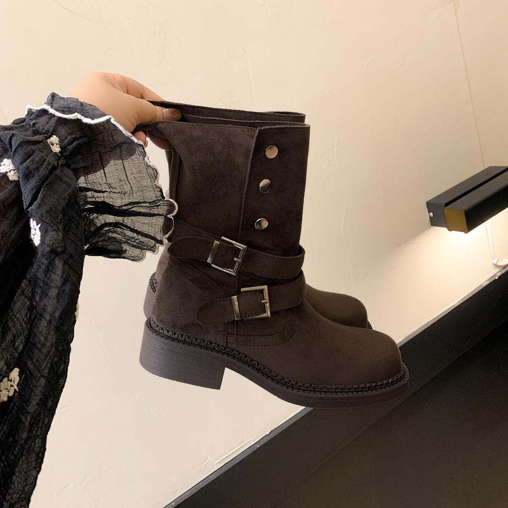 Height increase.cm~ Maillard thick heel thick bottom buckle strap suede high heel short boots women's autumn Martin boots