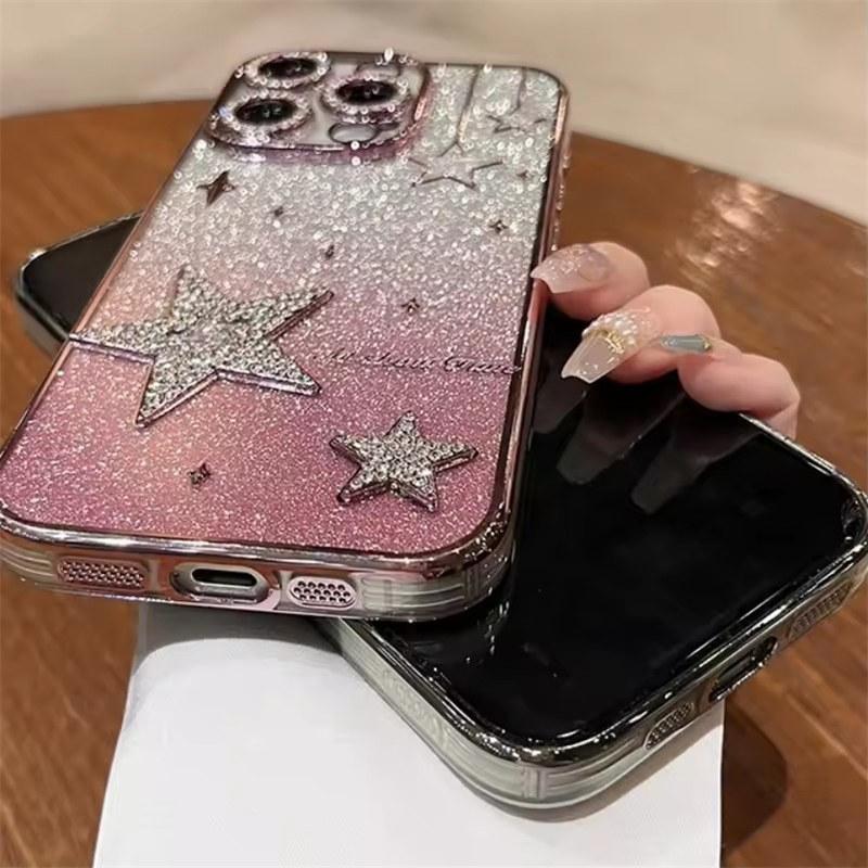 Luxus Glitzer 3D Stern Hülle für iPhone 16 Pro Max 12 13 14 15 ProMax Farbverlauf Bling Beschichtung Weiche Silikonhülle für iPhone 11 13Pro