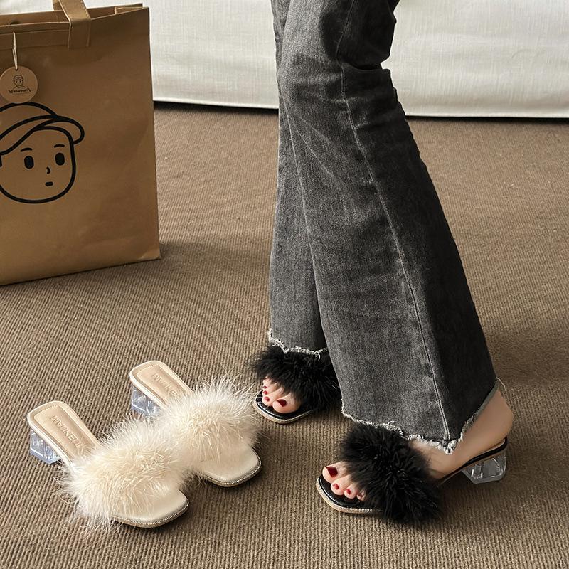 High Heels Women's 2025 Summer New French Fluffy Slippers Transparent Crystal Shoes Thick Heel Square Head Word with Sandals