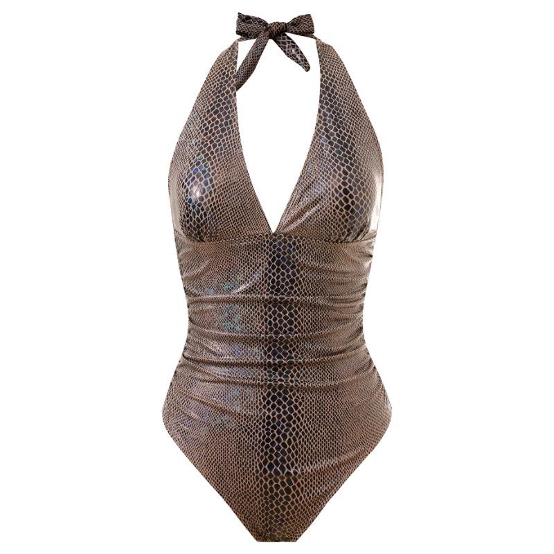 Costume da bagno intero con scollo all'americana, scollo a V profondo, stampa serpente, metallico, controllo pancia, sgambato