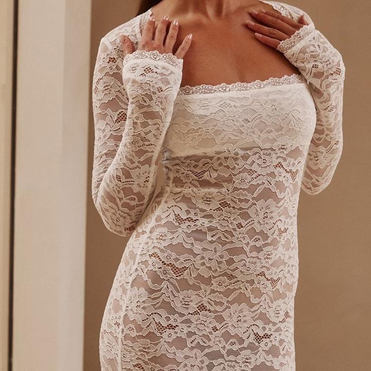 Dame Blonder Gjennomsiktig Kjole Sexy Firkantet Hals Langermet Utspart Bodycon Lang Kjole Aftenkjoler