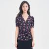 V-neck printed twisted waistband bubble sleeve T-shirt for women in 2026 summer, slim fit and stretchy commuting top
