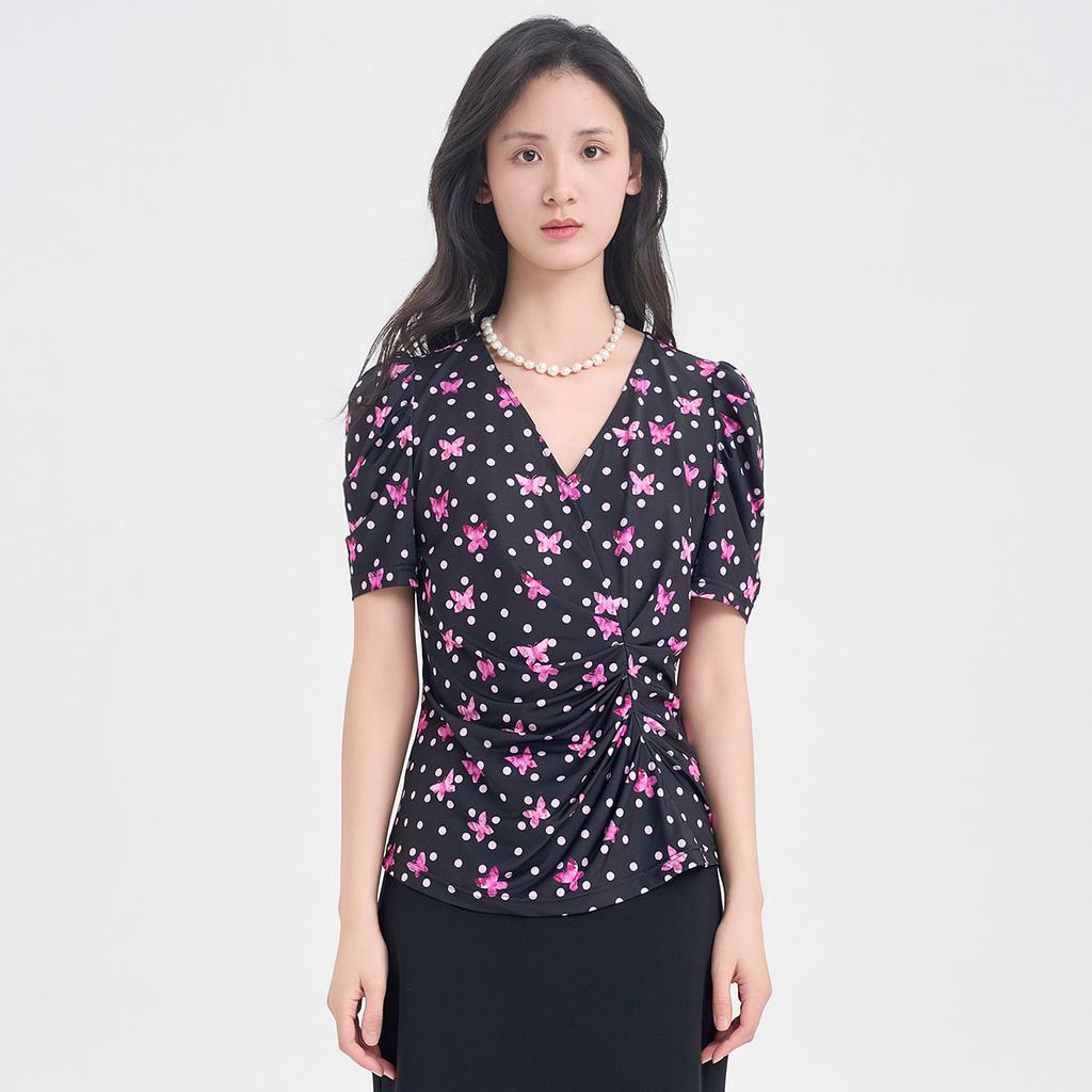 V-neck printed twisted waistband bubble sleeve T-shirt for women in 2026 summer, slim fit and stretchy commuting top