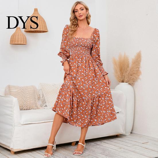 Women Dress Long Sleeves Flower Print A-line Square Neck Midi Casual Elastic Bust Backless Patchwork Hem Pleated Spring Fall Chiffon Outfit